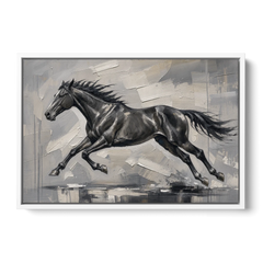 Black and White Horse Painting in Full Stride - White Framed Canvas Wall Art - Front