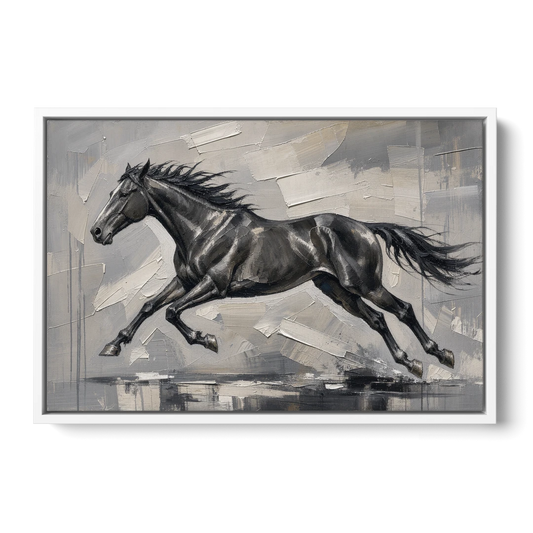 Black and White Horse Painting in Full Stride - White Framed Canvas Wall Art - Front