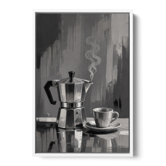 Black and White Kitchen Decor with Stovetop Espresso Pot - White Framed Canvas Wall Art - Front