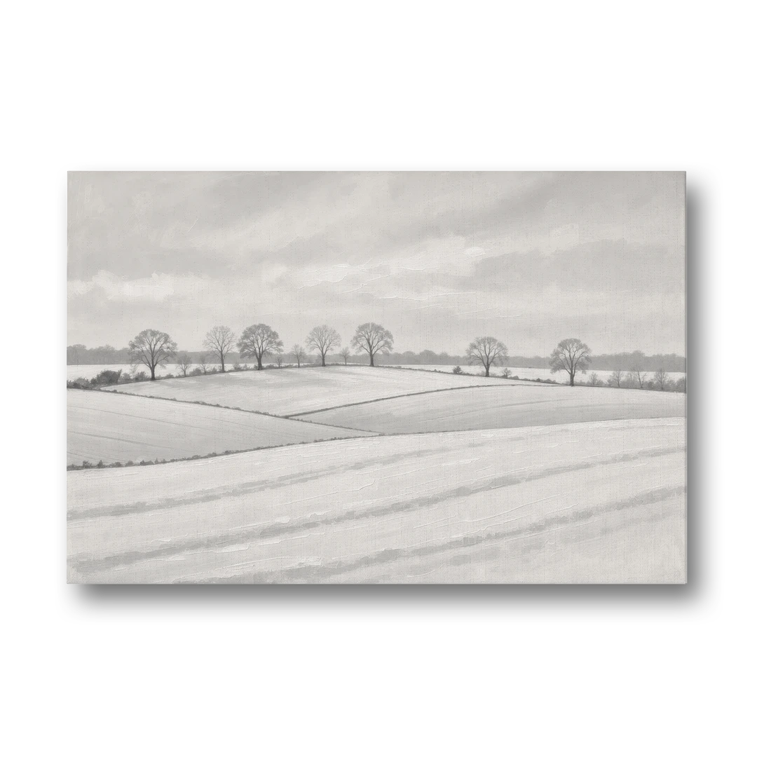 Black and White Landscape Painting of Snowy Fields - Canvas Wall Art - Front