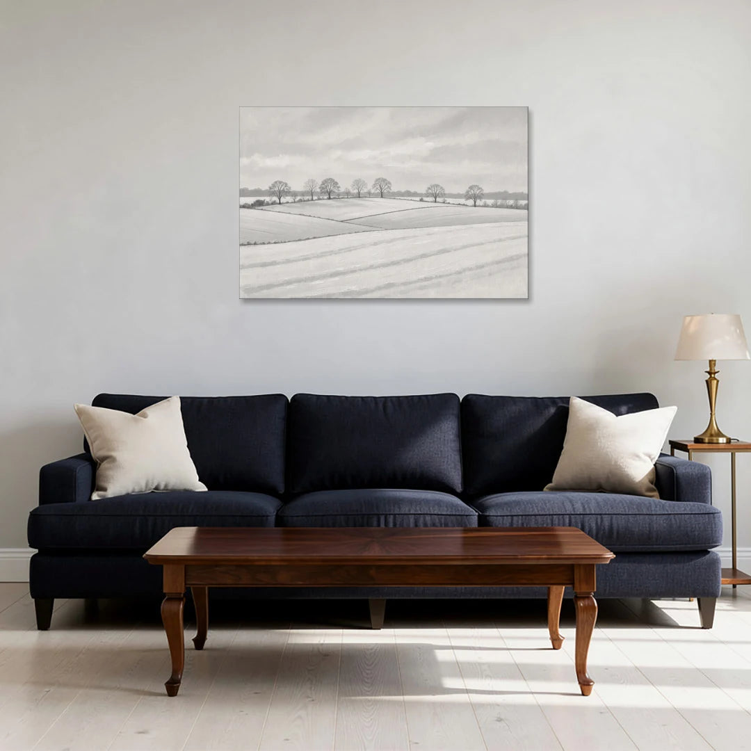 Black and White Landscape Painting of Snowy Fields - Canvas Wall Art - Sofa - 36x24