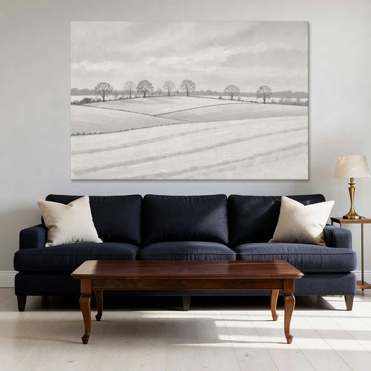 Black and White Landscape Painting of Snowy Fields - Canvas Wall Art - Sofa - 60x40