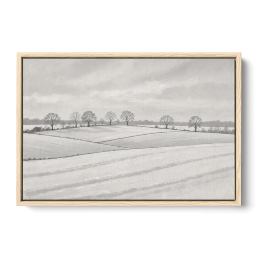 Black and White Landscape Painting of Snowy Fields - Oak Framed Canvas Wall Art - Front