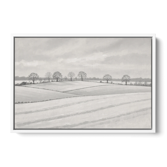 Black and White Landscape Painting of Snowy Fields - White Framed Canvas Wall Art - Front