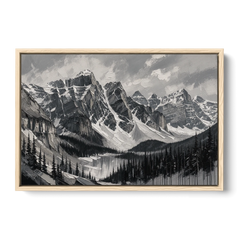 Black and White Landscape Wall Art of Alpine Peaks - Oak Framed Canvas Wall Art - Front