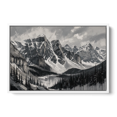 Black and White Landscape Wall Art of Alpine Peaks - White Framed Canvas Wall Art - Front