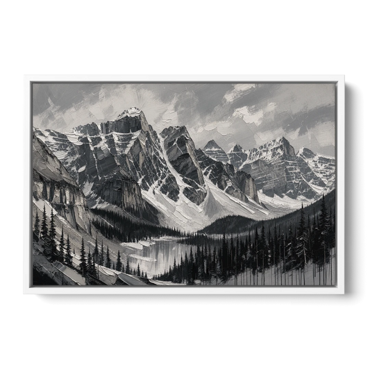 Black and White Landscape Wall Art of Alpine Peaks - White Framed Canvas Wall Art - Front