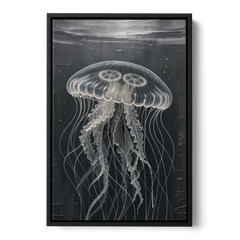 Black and White Moon Jellyfish in Dark Coastal Water - Black Framed Canvas Wall Art - Front