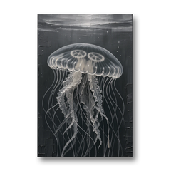 Black and White Moon Jellyfish in Dark Coastal Water - Canvas Wall Art - Front