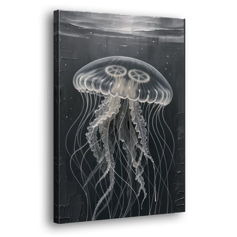 Black and White Moon Jellyfish in Dark Coastal Water - Canvas Wall Art - Side