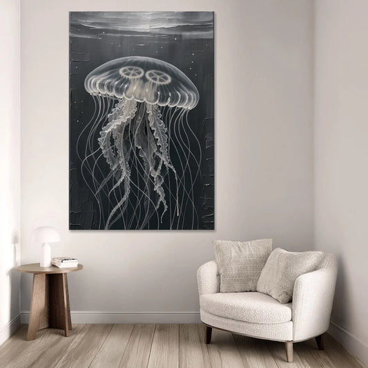 Black and White Moon Jellyfish in Dark Coastal Water - Canvas Wall Art - Sofa - 40x60