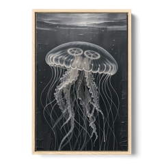 Black and White Moon Jellyfish in Dark Coastal Water - Oak Framed Canvas Wall Art - Front