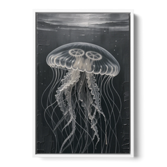 Black and White Moon Jellyfish in Dark Coastal Water - White Framed Canvas Wall Art - Front