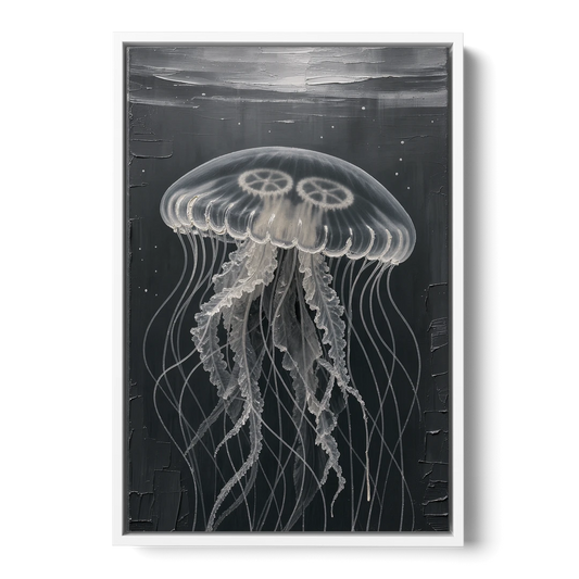 Black and White Moon Jellyfish in Dark Coastal Water - White Framed Canvas Wall Art - Front