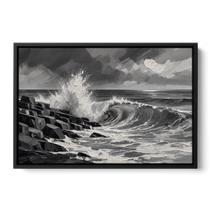 Black and White Paintings of a Crashing Wave - Black Framed Canvas Wall Art - Front