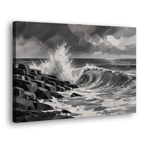 Black and White Paintings of a Crashing Wave - Canvas Wall Art - Side