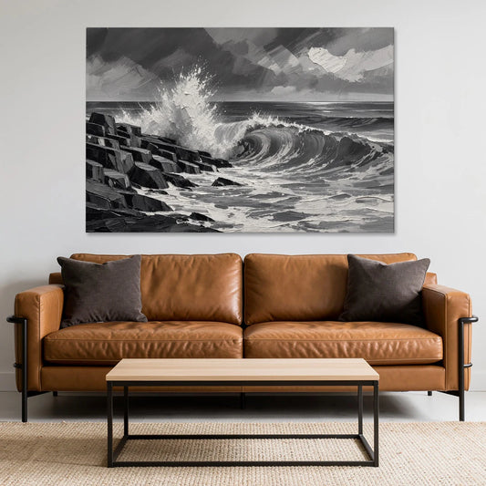 Black and White Paintings of a Crashing Wave - Canvas Wall Art - Sofa - 60x40