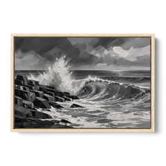 Black and White Paintings of a Crashing Wave - Oak Framed Canvas Wall Art - Front