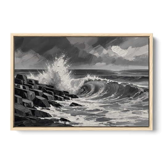 Black and White Paintings of a Crashing Wave - Oak Framed Canvas Wall Art - Front