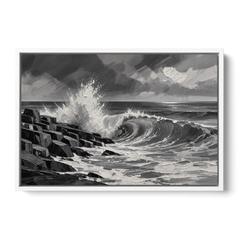 Black and White Paintings of a Crashing Wave - White Framed Canvas Wall Art - Front