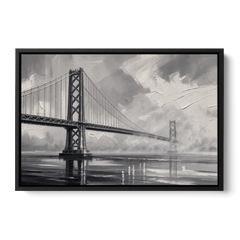 Black and White Panoramic Wall Art of a Bridge - Black Framed Canvas Wall Art - Front
