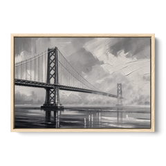 Black and White Panoramic Wall Art of a Bridge - Oak Framed Canvas Wall Art - Front