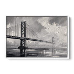 Black and White Panoramic Wall Art of a Bridge - White Framed Canvas Wall Art - Front