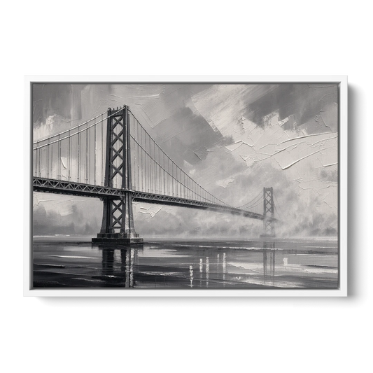 Black and White Panoramic Wall Art of a Bridge - White Framed Canvas Wall Art - Front