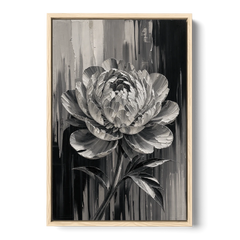 Black and White Peony Wall Art in Full Bloom - Oak Framed Canvas Wall Art - Front
