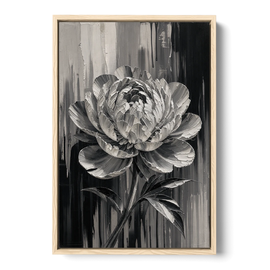Black and White Peony Wall Art in Full Bloom - Oak Framed Canvas Wall Art - Front