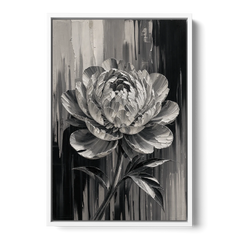 Black and White Peony Wall Art in Full Bloom - White Framed Canvas Wall Art - Front