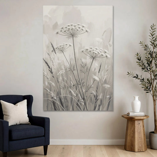 Black and White Queen Anne's Lace Flower Meadow - Canvas Wall Art - Sofa - 40x60