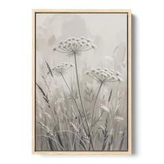 Black and White Queen Anne's Lace Flower Meadow - Oak Framed Canvas Wall Art - Front