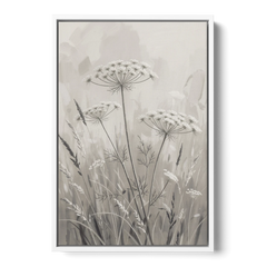 Black and White Queen Anne's Lace Flower Meadow - White Framed Canvas Wall Art - Front