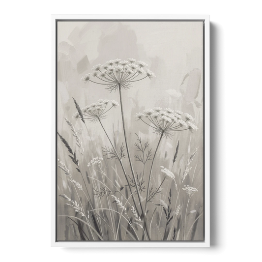 Black and White Queen Anne's Lace Flower Meadow - White Framed Canvas Wall Art - Front