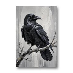 Black and White Raven on a Gnarled Branch - Canvas Wall Art - Front