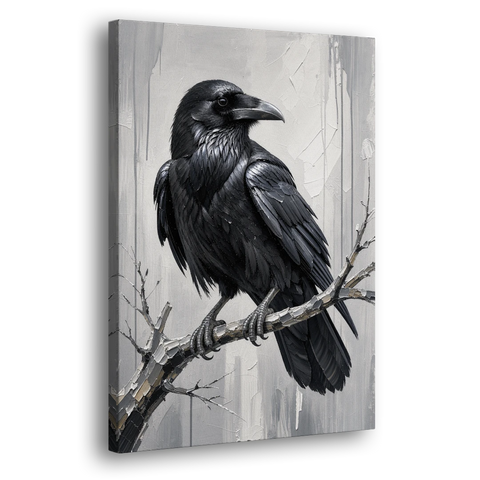 Black and White Raven on a Gnarled Branch - Canvas Wall Art - Side