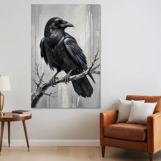 Black and White Raven on a Gnarled Branch - Canvas Wall Art - Sofa - 40x60