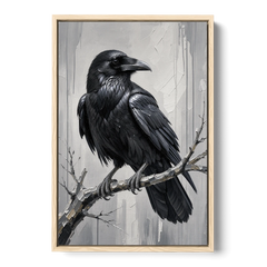 Black and White Raven on a Gnarled Branch - Oak Framed Canvas Wall Art - Front