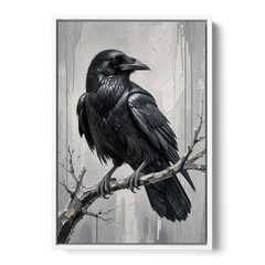 Black and White Raven on a Gnarled Branch - White Framed Canvas Wall Art - Front