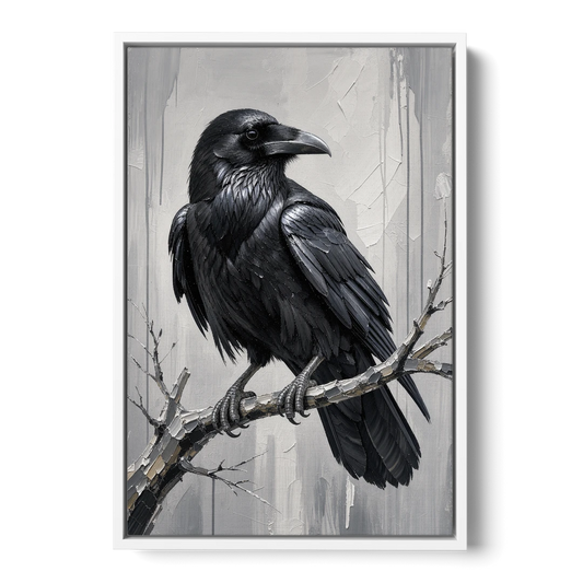 Black and White Raven on a Gnarled Branch - White Framed Canvas Wall Art - Front