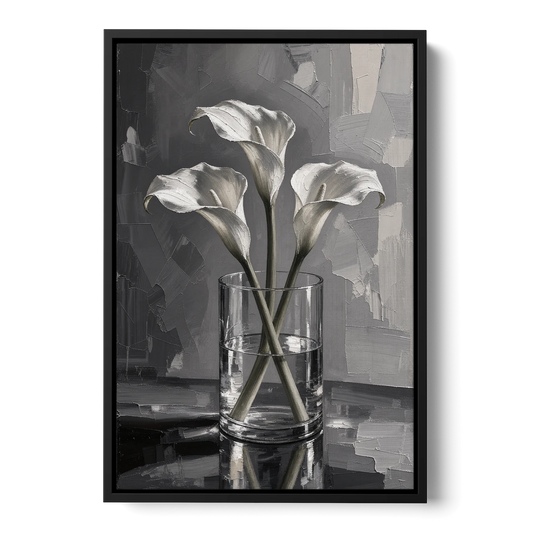 Black and White Still Life Painting Calla Lilies - Black Framed Canvas Wall Art - Front