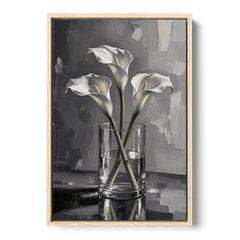 Black and White Still Life Painting Calla Lilies - Oak Framed Canvas Wall Art - Front
