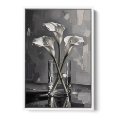 Black and White Still Life Painting Calla Lilies - White Framed Canvas Wall Art - Front