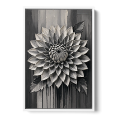Black and White Textured Wall Art of a Dahlia - White Framed Canvas Wall Art - Front