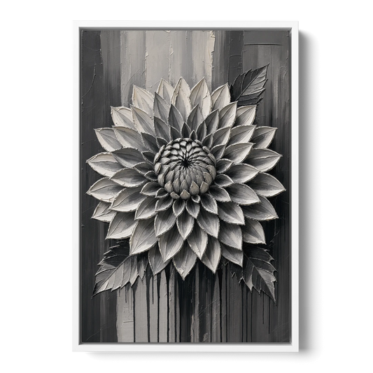 Black and White Textured Wall Art of a Dahlia - White Framed Canvas Wall Art - Front
