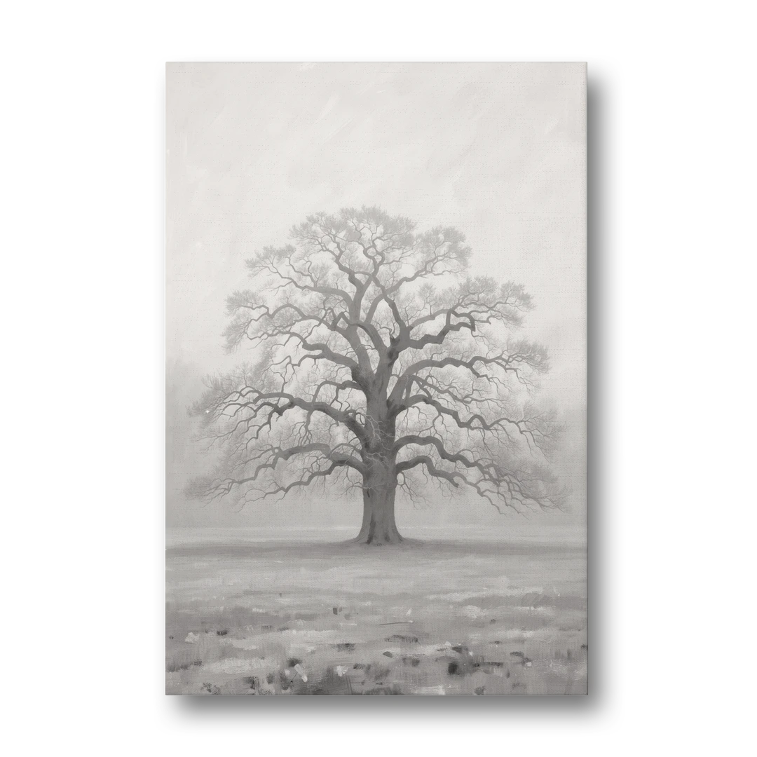 Black and White Tree Painting in Fog - Canvas Wall Art - Front