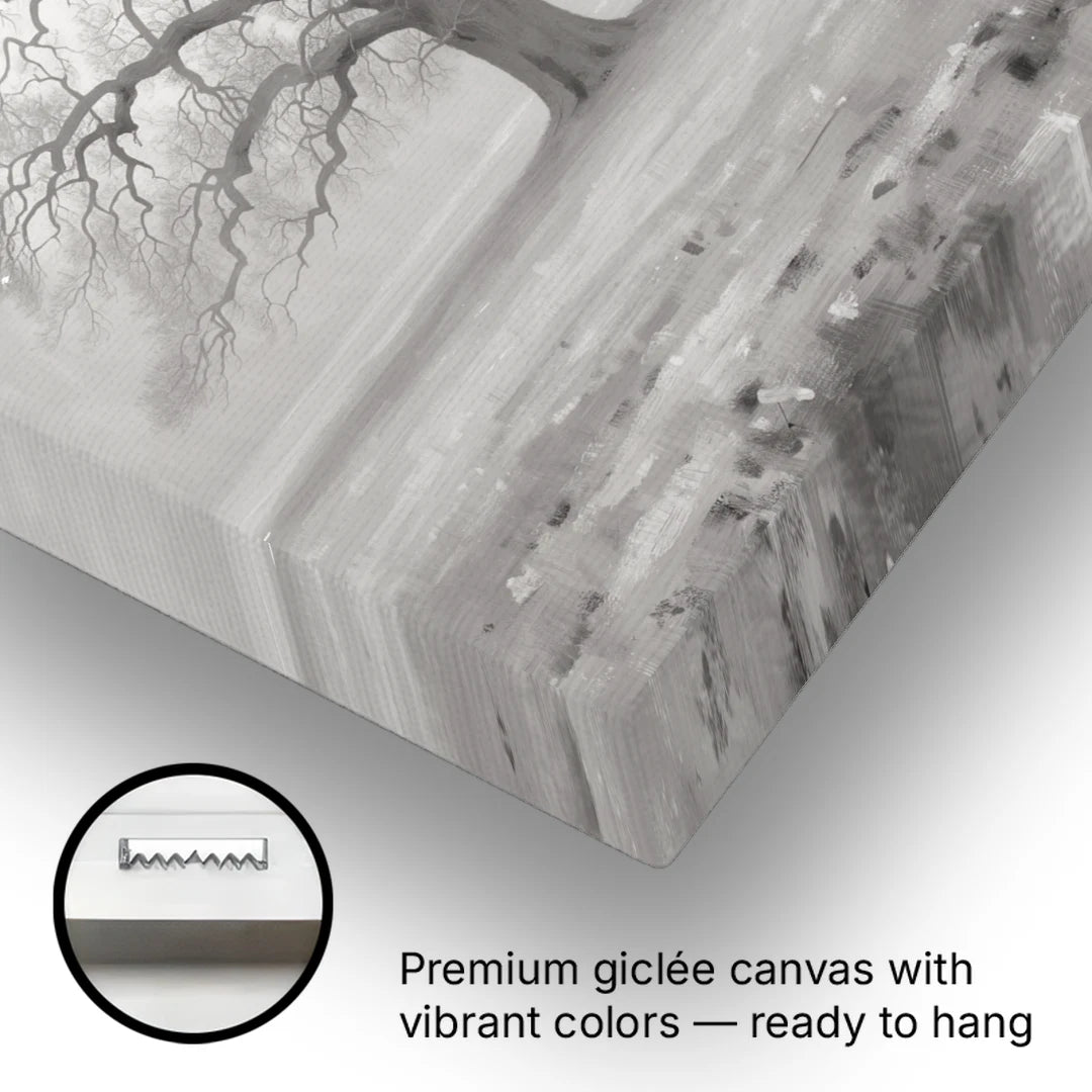 Black and White Tree Painting in Fog - Canvas Wall Art - Gallery Wrap Corner