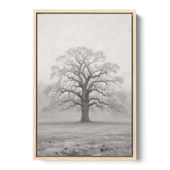 Black and White Tree Painting in Fog - Oak Framed Canvas Wall Art - Front