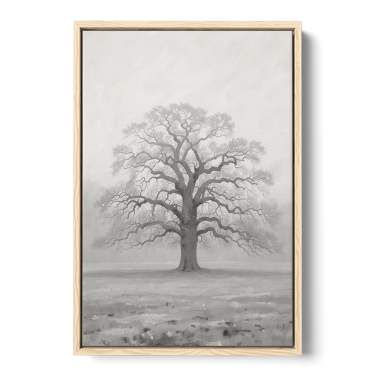 Black and White Tree Painting in Fog - Oak Framed Canvas Wall Art - Front